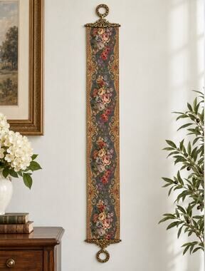 Vintage Corona Decor Co. Woven Floral Tapestry Bell Pull Cast Brass Hardware